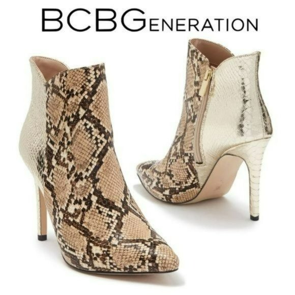 NWT BCBG Generation Haffi Snakeskin Embossed Gold Ankle Heel Bootie - Picture 2 of 6